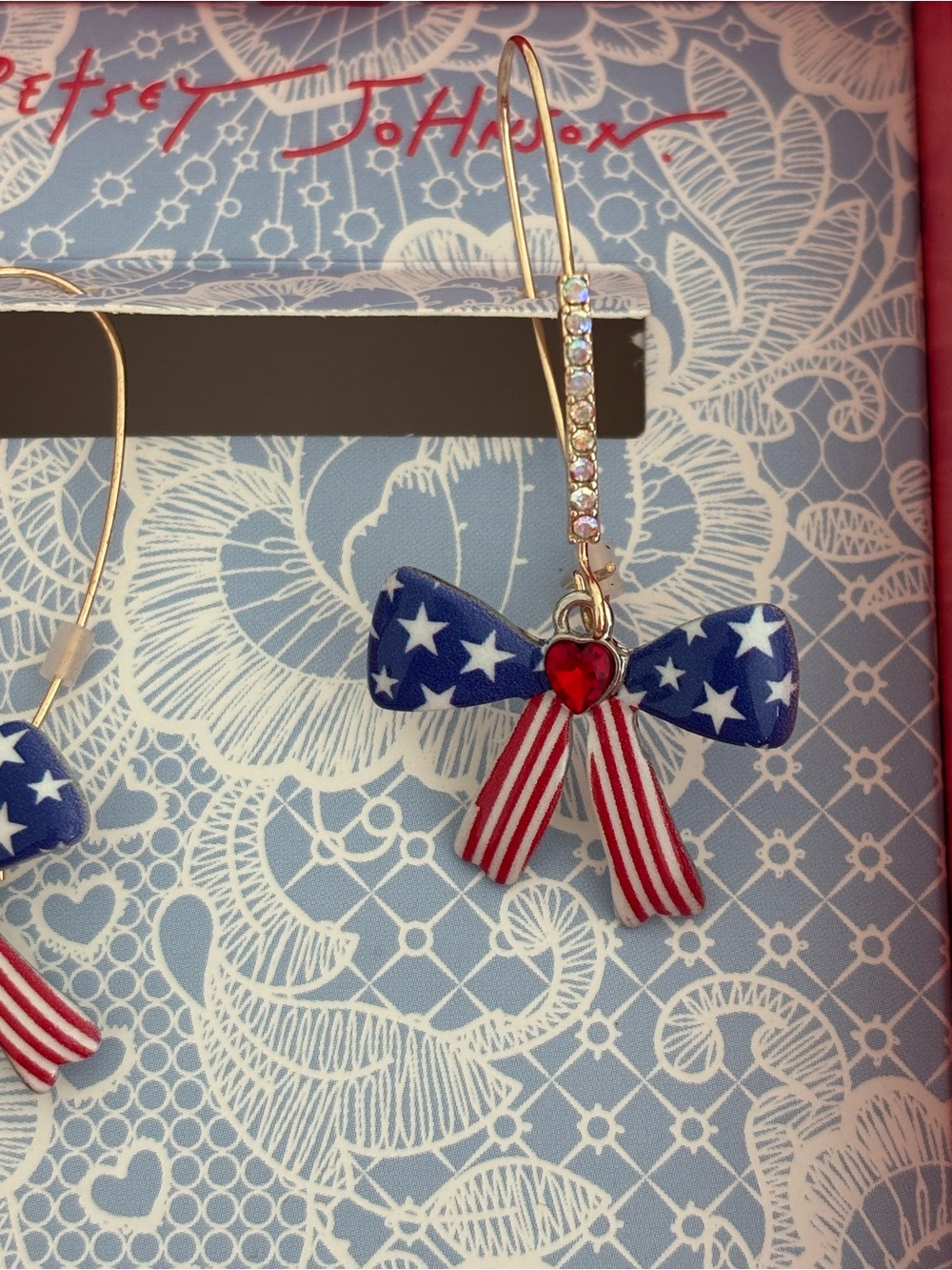 Betsey Johnson Red, White & Blue Star Bow Hoop Earrings - Picture 2 of 5